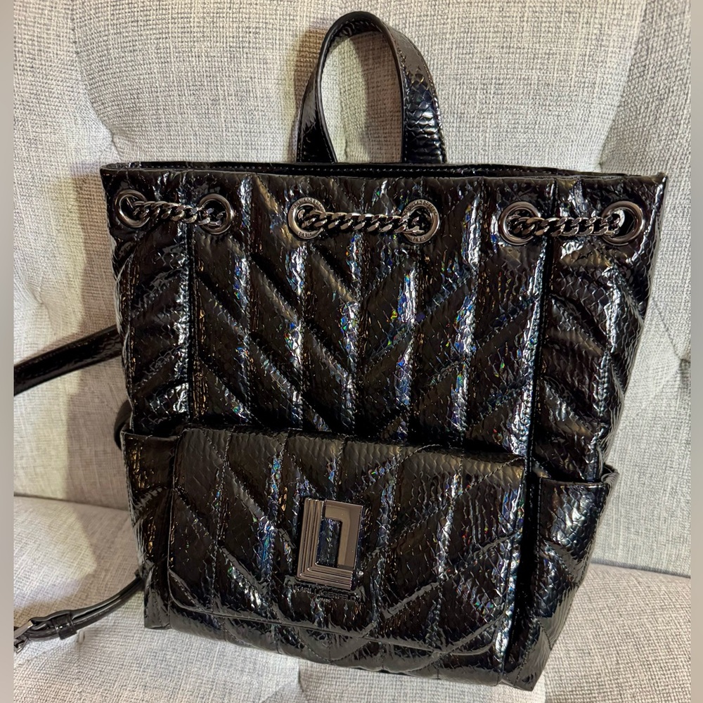 KARL LAGERFELD PARIS Women's Black Lafayette Quilted Patent Leather Backpack